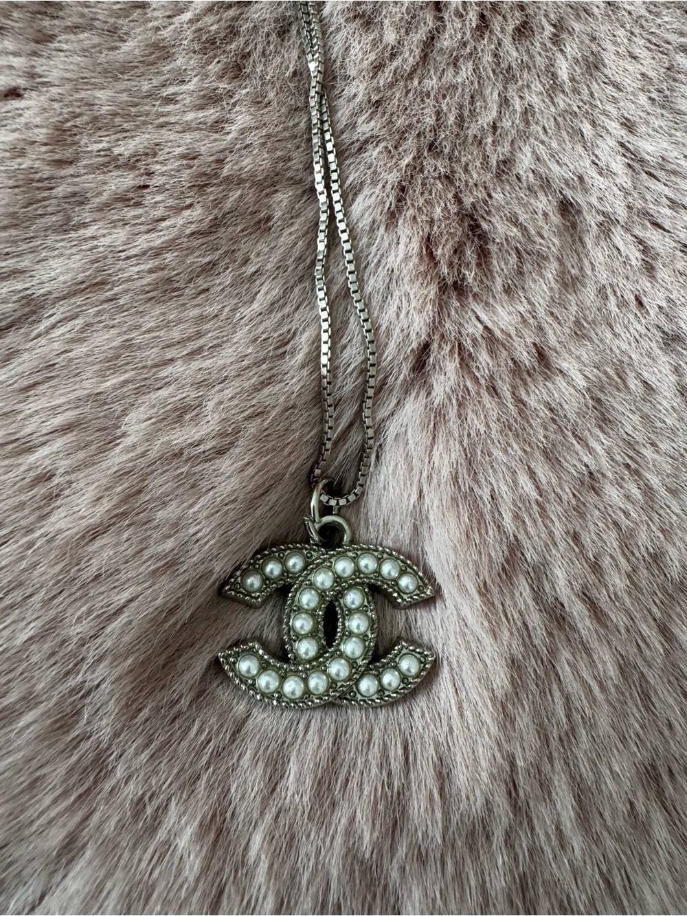 Silver-Tone Pearl CC Logo Pendant Necklace -Up cycled Luxury🤍